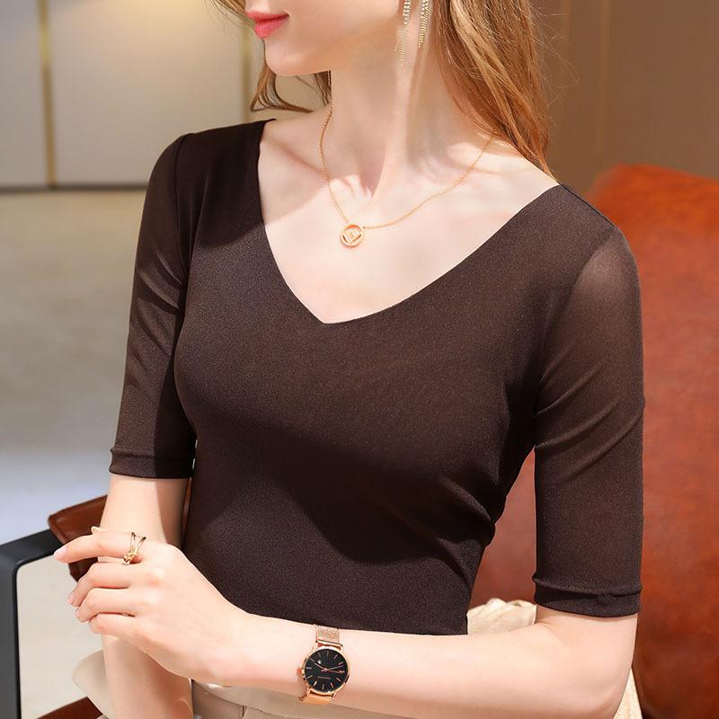 Top cu mânecă scurtă Femei Cel mai nou Tricou Femei cu Mânecă Jumătate cu Interior Elastic și Decolteu în V Sexy Top Talie