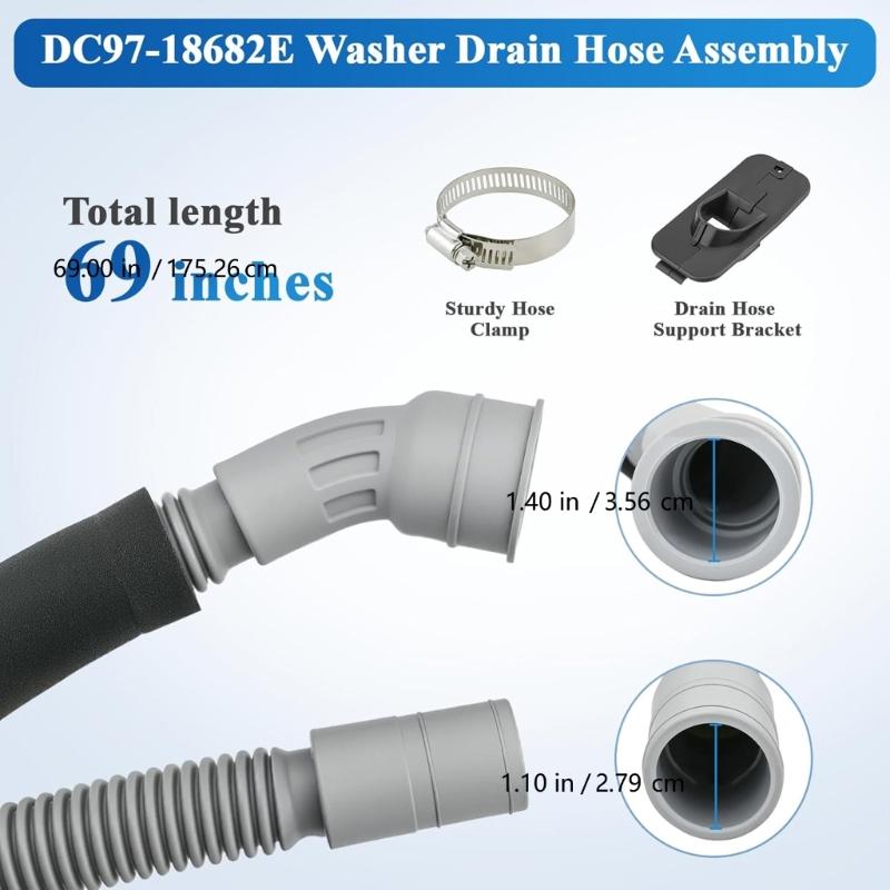Flexible Washer Drain Line Hose DC97-18682D Corrugated PVC Replacement Hose with Connector and Metal Band for Appliance Repair Tasks