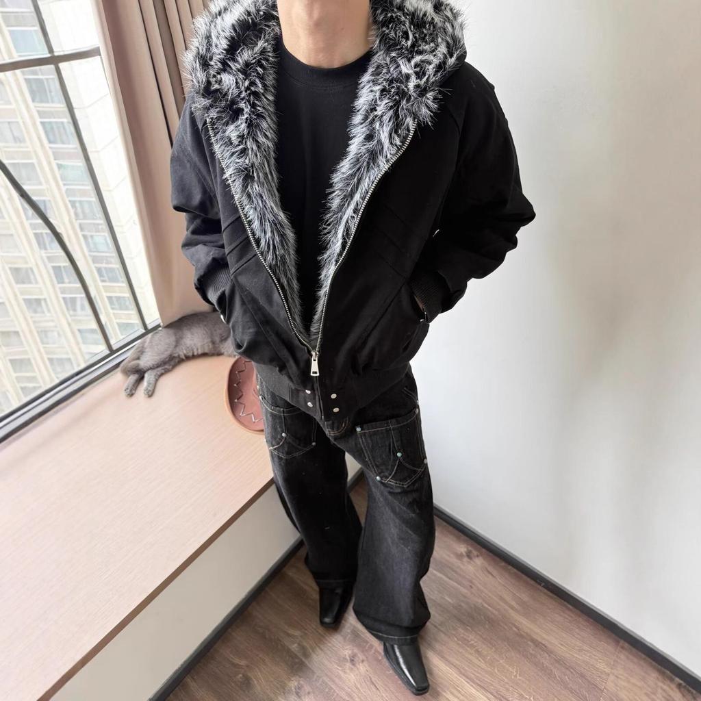 Men's Winter Boxy Seat Mountain Eagle Hooded Jacket with Faux Rabbit Fur Lining