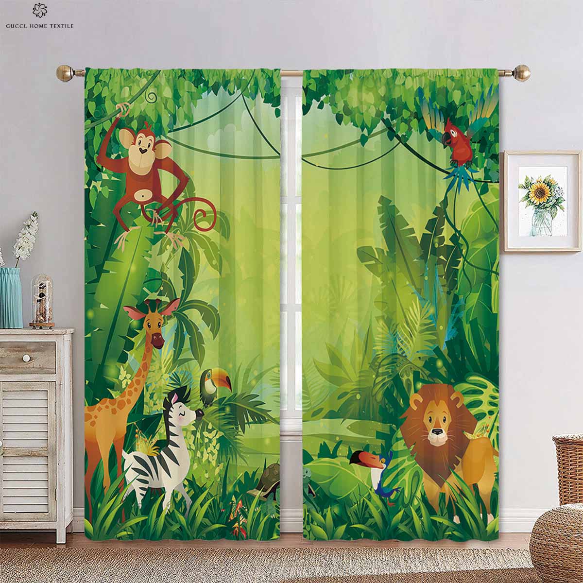 

Cartoon Rainbow Forest Animal Print Drapes, Children s Room Decorative Curtains, Easy to Wash and Care, Bedroom, Living Room Q10507QQ-W50xH130(CM)x2PCS&Rod pocket