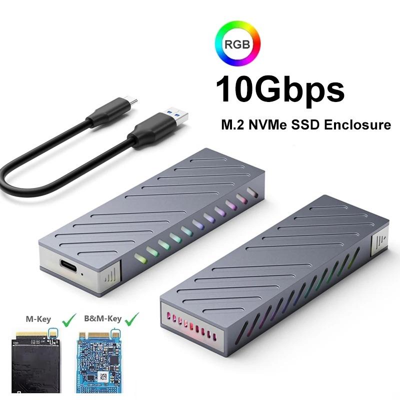 M.2 NVMe SSD Enclosure 10Gbps PCIe SSD Case Aluminum Alloy External Hard Drive Box USB 3.1 Interface RGB Colorful Light Tool Free Support UASP