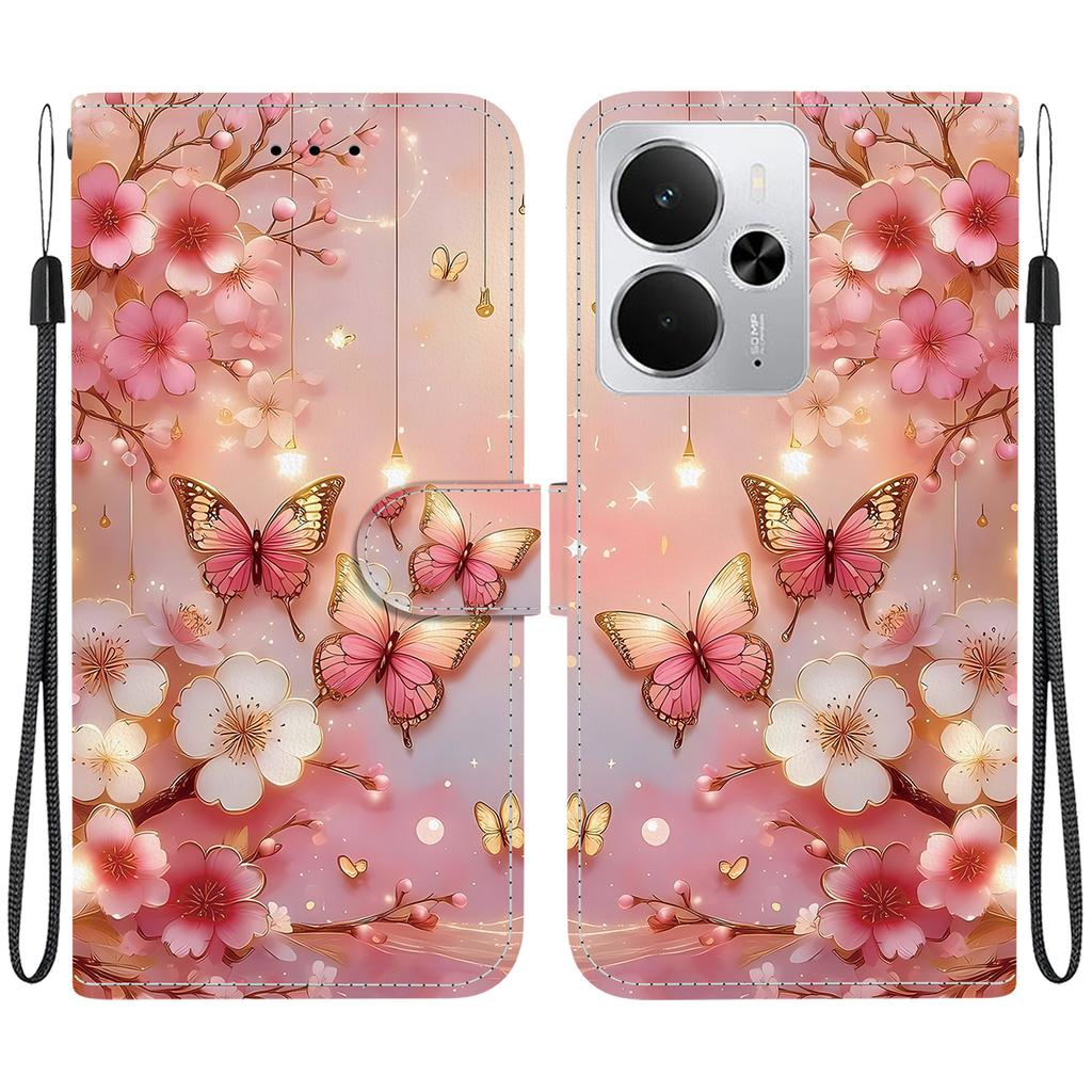 Ręcznie robione etui z klapką z PU skóry dla Realme 14, antypoślizgowe, wstrząsoodporne etui z paskiem na nadgarstek i wzorami serca/róży/kota