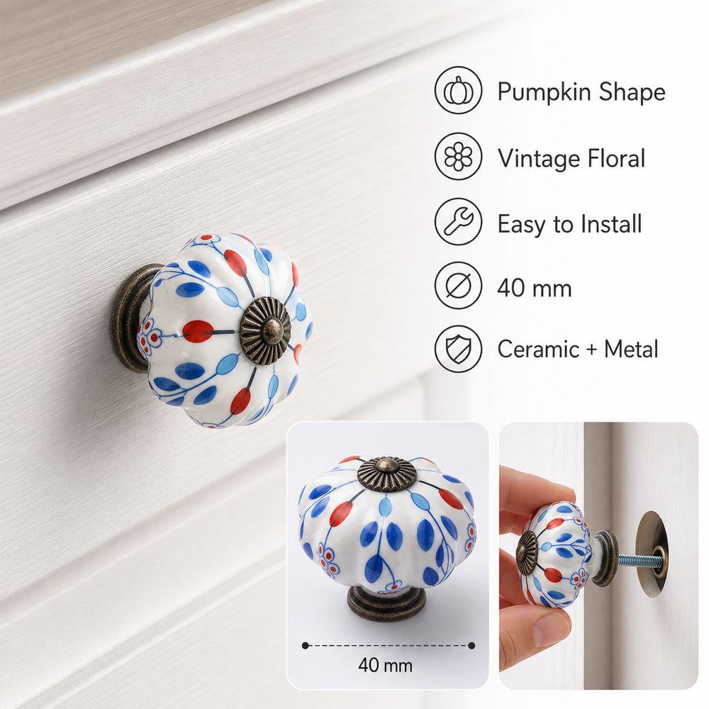 Pumpkin Shape Cabinet Door Knobs Floral Pattern Ceramic Cabinet Knobs Cupboard Door