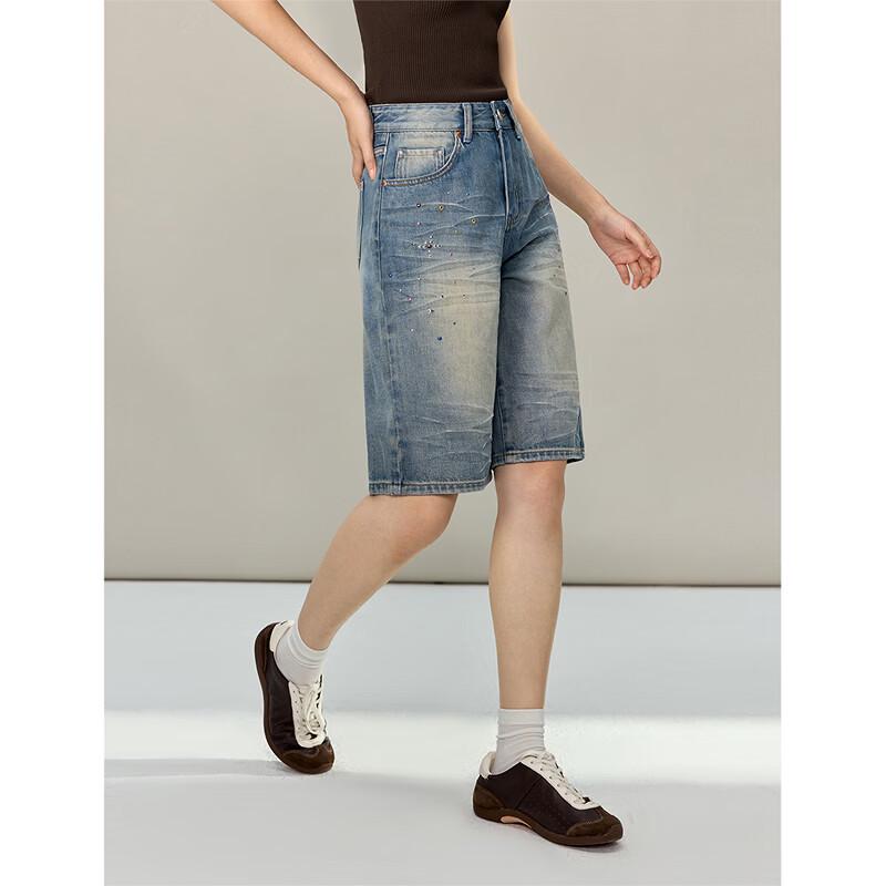 INMAN Women's Rhinestone Washed Denim Shorts