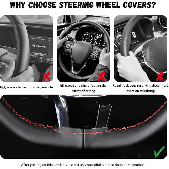 Leather Steering Wheel Cover, DIY Sewing with Needle & Thread, Breathable Anti-Slip Car Steering Wheel Protector, Universal 15 Inch Auto Steering