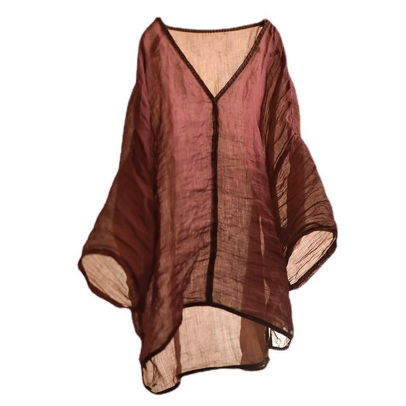 Johnature Women Vintage Ramie T-Shirts Solid Color V-Neck Long Sleeve Tees Summer High Quality Women T-Shirts