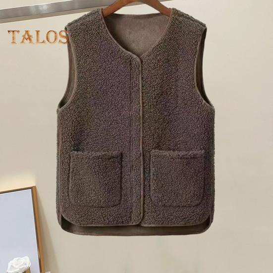 Women Fall Spring Vest Round Neck Thick Fleece Pockets Solid Color Sleeveless Zipper Closure Retro Warm Office Street Home Vacation Layering
