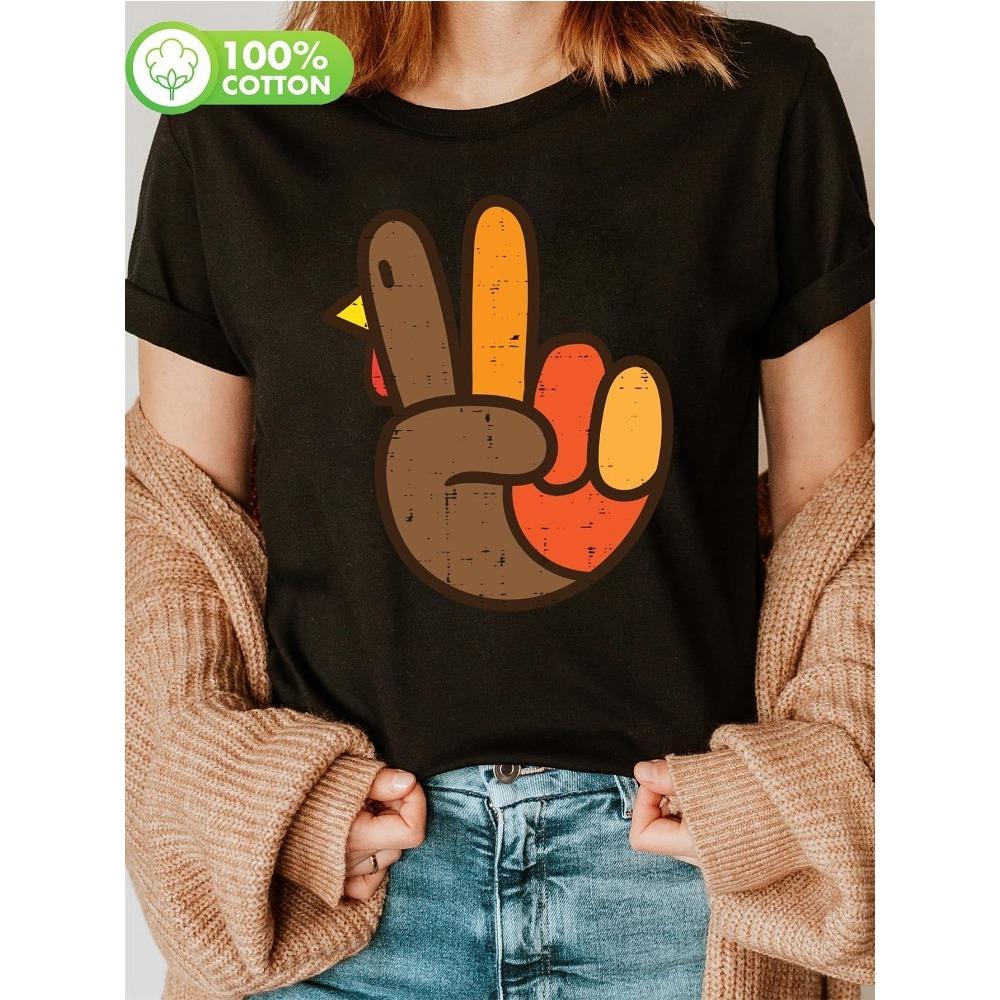 Womens Thanksgiving HandPainted Turkey Peace Symbol ShortSleeve TShirt Soft Crew Neck Top Casual Hippie Style AllSeason Wear