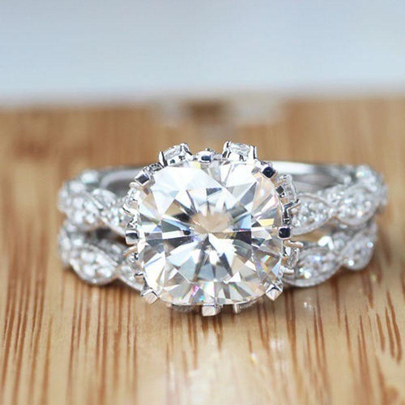 Style Round Antique White Sapphire Silver Plated Engagement Crown Set Ring