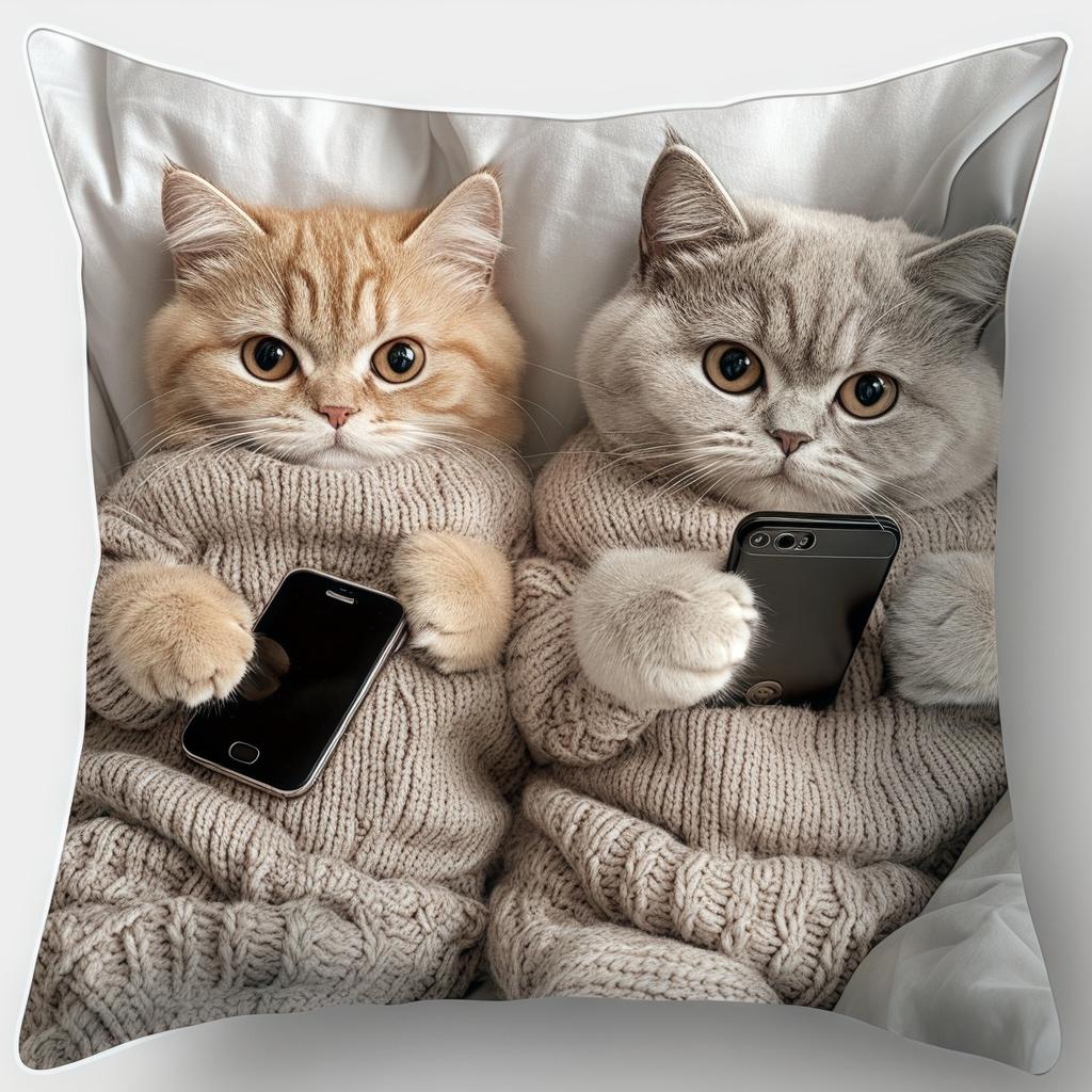 Cute Cats With Phone Pillow Cover Short Plush Polyester Cushion Case Decor Throw Pillowcase Home Deco
