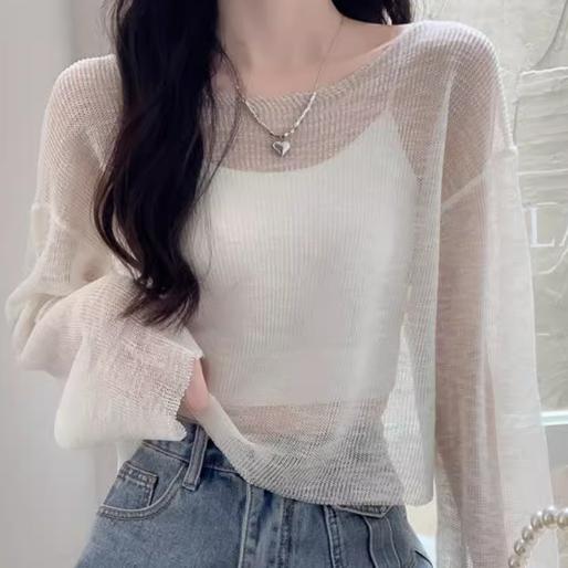 White Ice Silk Short Knit Sun Protection Cardigan Women's Summer Pullover Slim Thin Elegant Outer Wear Mesh Hollow Out Top