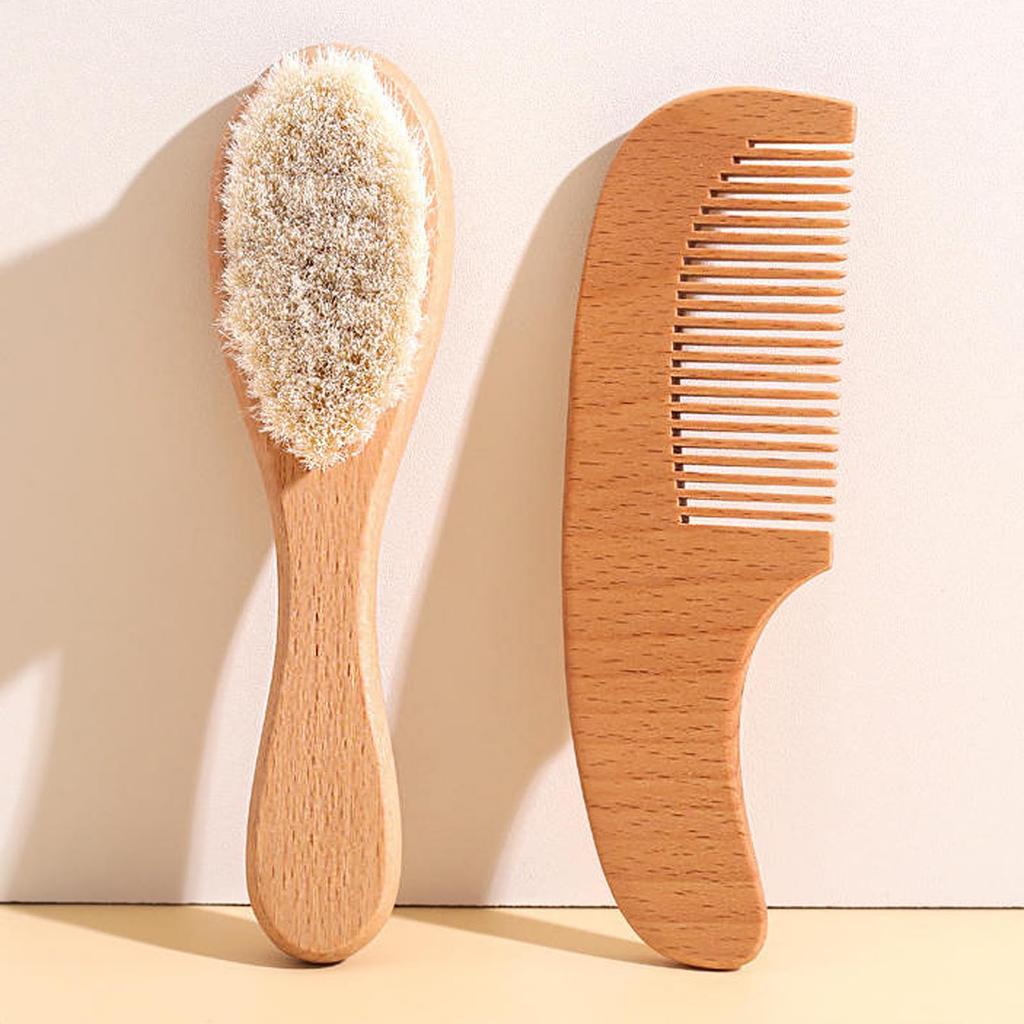 Baby Brush Comb Set with Natural Wood Handle and Soft Animal Suitable for Newborns and Gentle Scalp Perfect As a Baby Shower & Bristles. Up. Care.