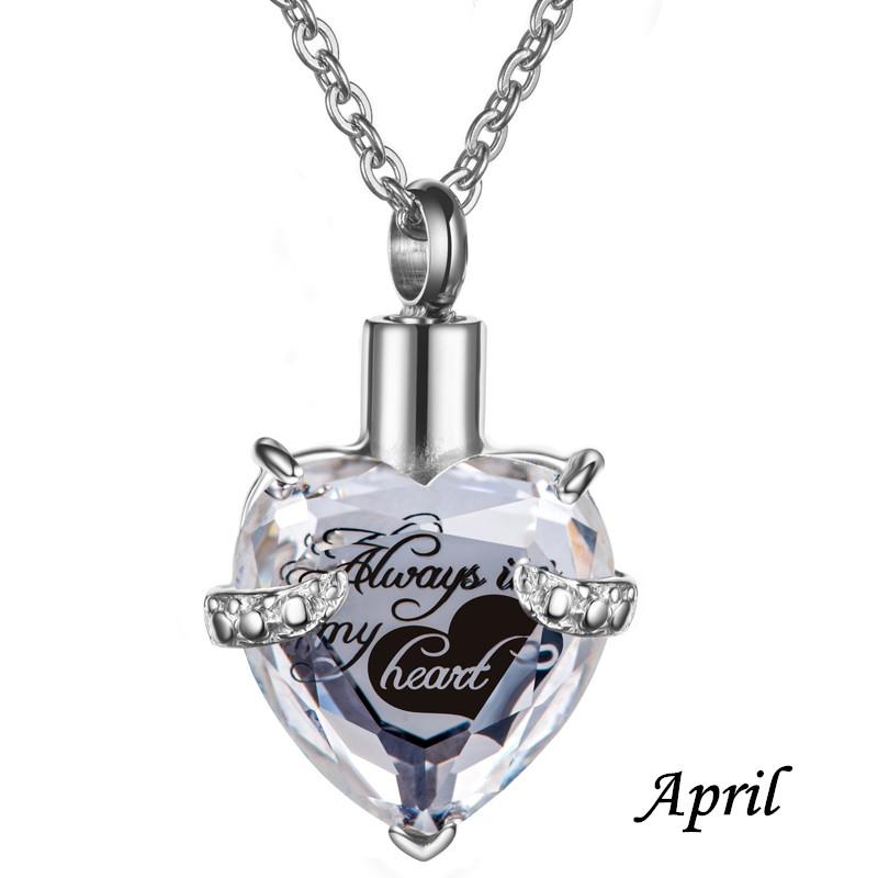 Always In My Heart Stainless Steel Birthstone Heart -Shaped Glass Clavicle Chain Perfume Bottle Keepsake Necklace Jewelry