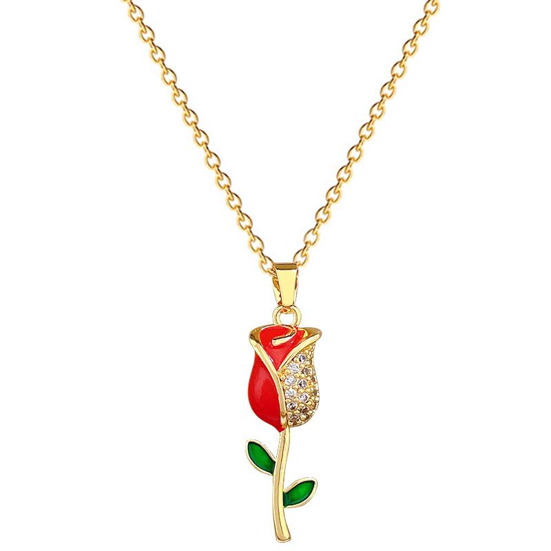 Titanium Steel Oil Drop Rose Fashion Light Luxury Temperament Gorgeous Full Diamond Necklace Female Versatile Collarbone Chain Titanium Steel Chain