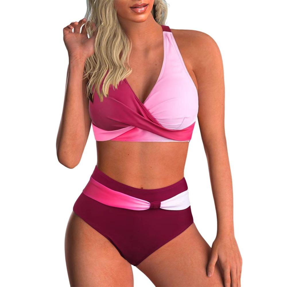 

Sexy Women s Bikini Set High Waisted V Neck Two-Piece Swimsuit Beach Vacation Swimwear Printing Bathing Suits XXL кларет