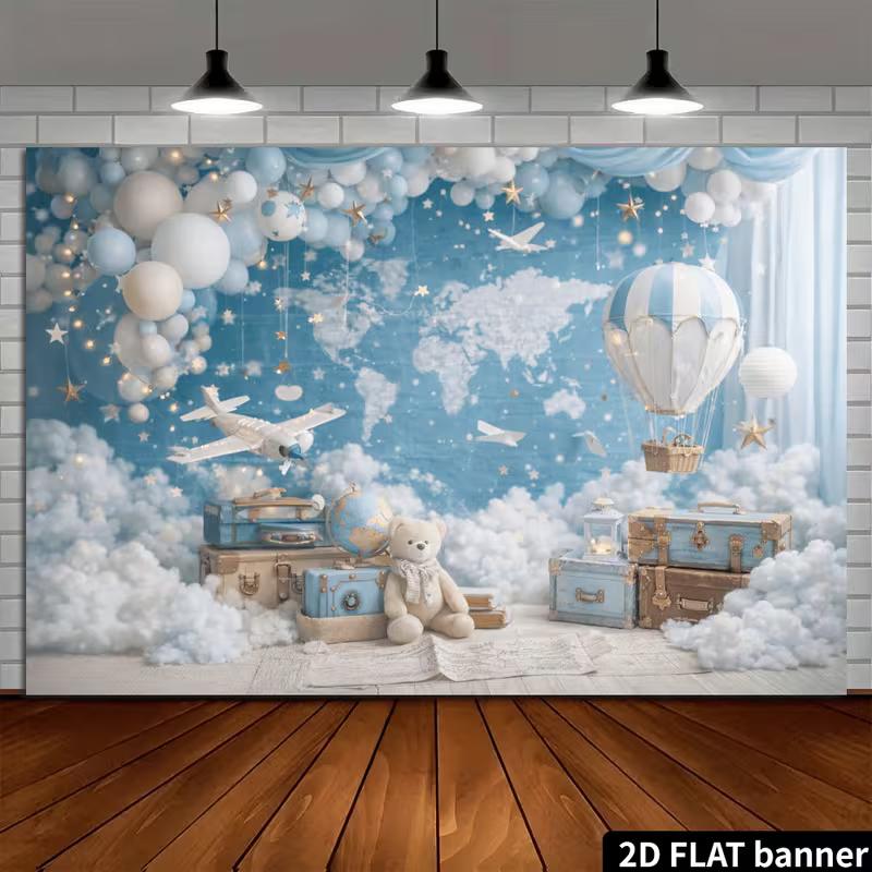 2D World Map & Airplane Backdrop with Bear & Suitcases Kids Birthday Party Photo Booth Background