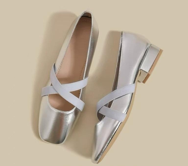 Fashion Silver Single Shoes Women's 2025 Spring New French Square Head Low Heel Retro Ballet Light Mouth Mary Jane Shoes for Women Pumps