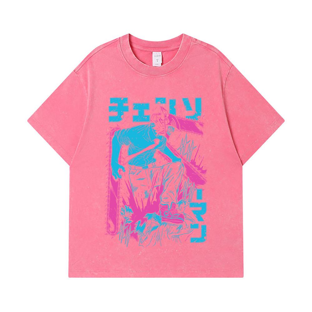 275 GSM Washed T-shirts 100% Cotton Chainsaw Man V9 Denji Print Unisex Heavy Cotton T Shirt