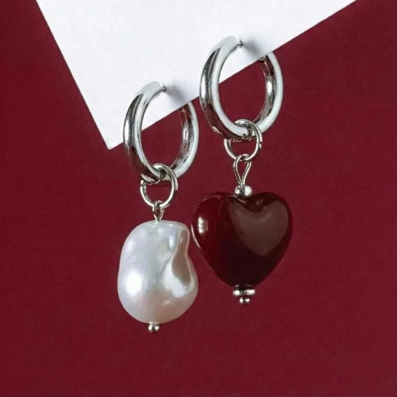 Retro Trendy Geometric Irregular Stereo Heart-Shaped Earrings for Women Asymmetrical Imitation Pearl Earrings Punk Jewelry