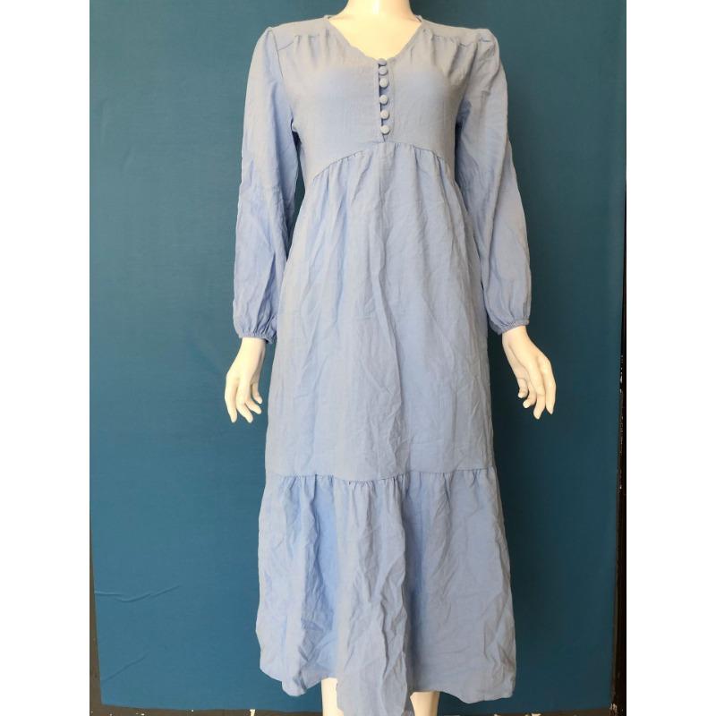 Damen Button Baumwolle Leinen Retro Lässig Langarm Kleid
