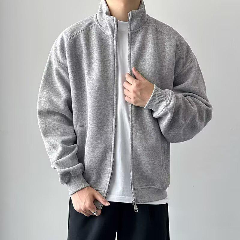 2025 Autumn Men's Gray Heavyweight Solid Color Stand Collar Hoodie Jacket