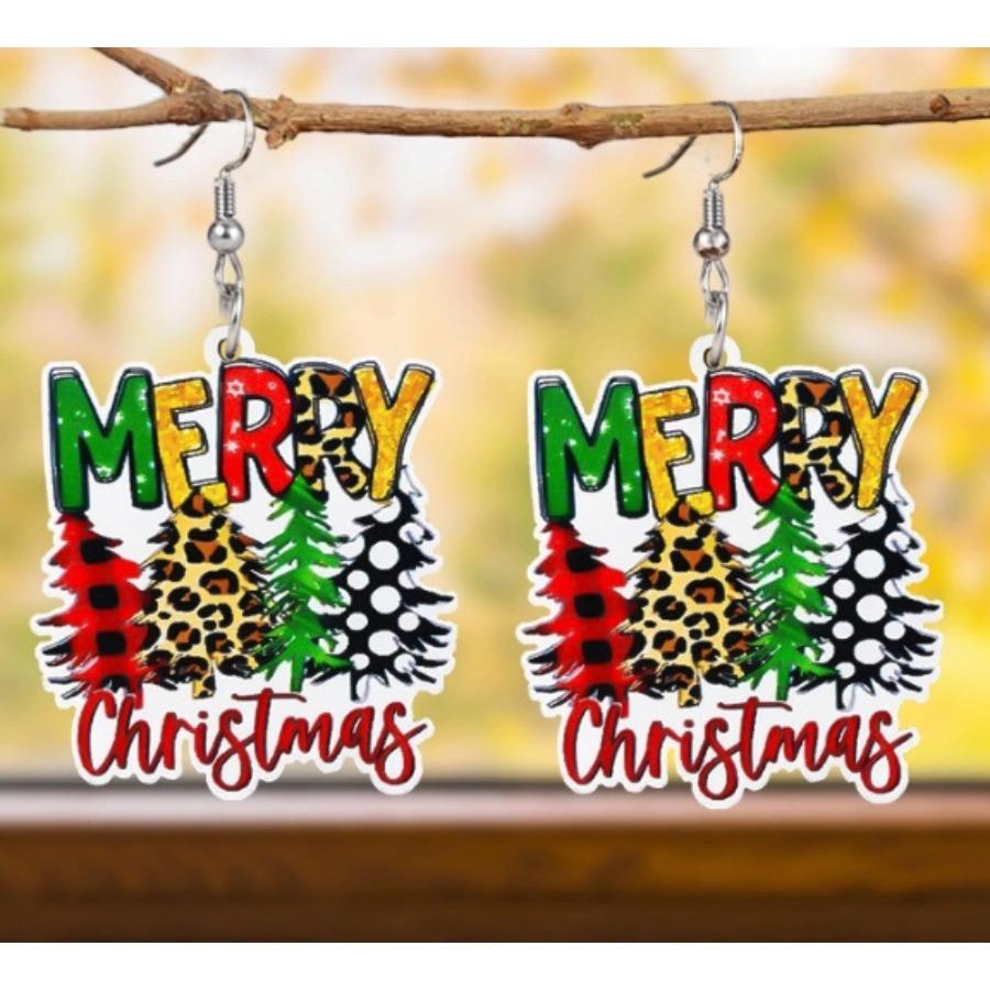 Christmas Earrings MerryChristmas Leopard Plaid Christmas Tree Earrings Tide Earrings Letter Letter Trend