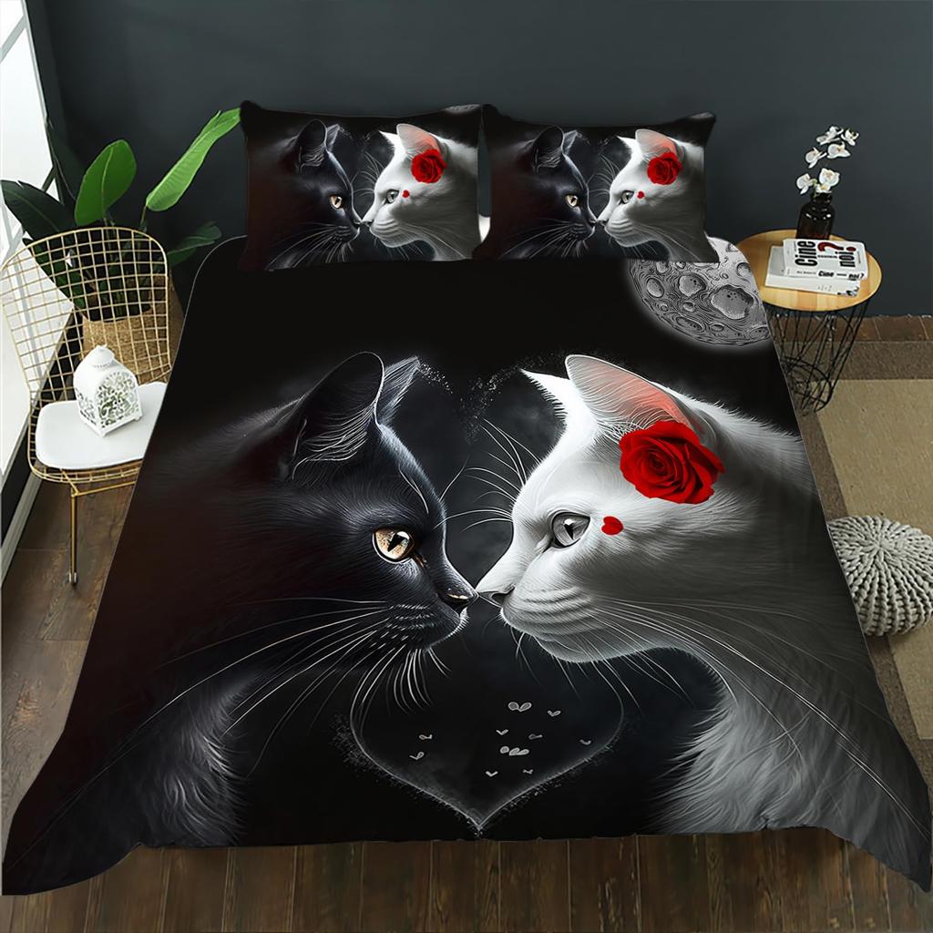 Black Cat Duvet Cover Set Gradient Line Cute Animal Bedding Set with Pillowcase Teens Kids Adults Room Decor Queen Duvet Covers