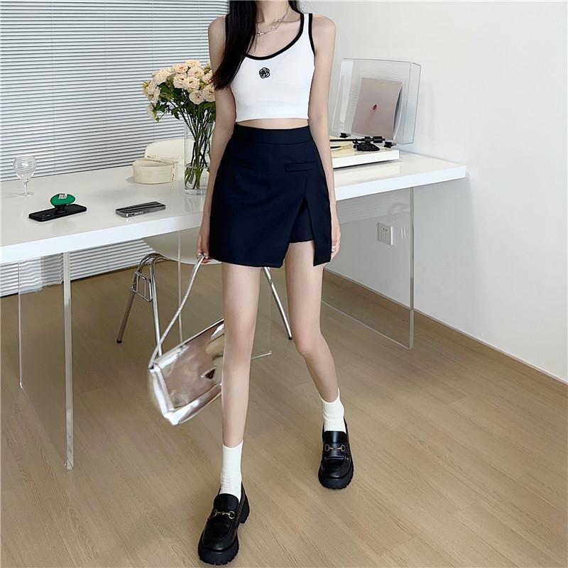 

Women s 2024 Summer High-Waist Two-Piece A-Line Skirt with Irregular Faux Wrap and Slit Design M чёрный
