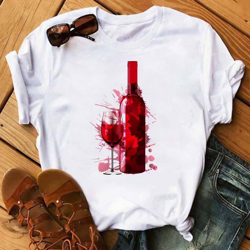 New Women T-Shirt Casual Short Sleeve T Shirt Women's Fashion Rose Red Wine Glass Printed Black T-Shirt Female Tops Tees