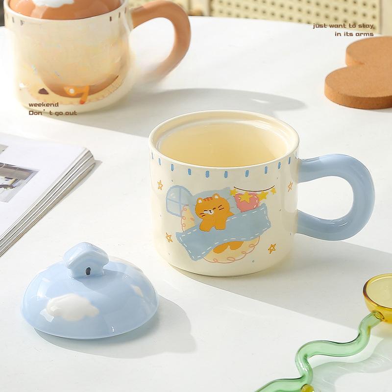 Cat Cute Cartoon Ceramic Cup with Lid Mug Coffee Cup Office Water Cup Breakfast Cup Souvenir Gift Box
