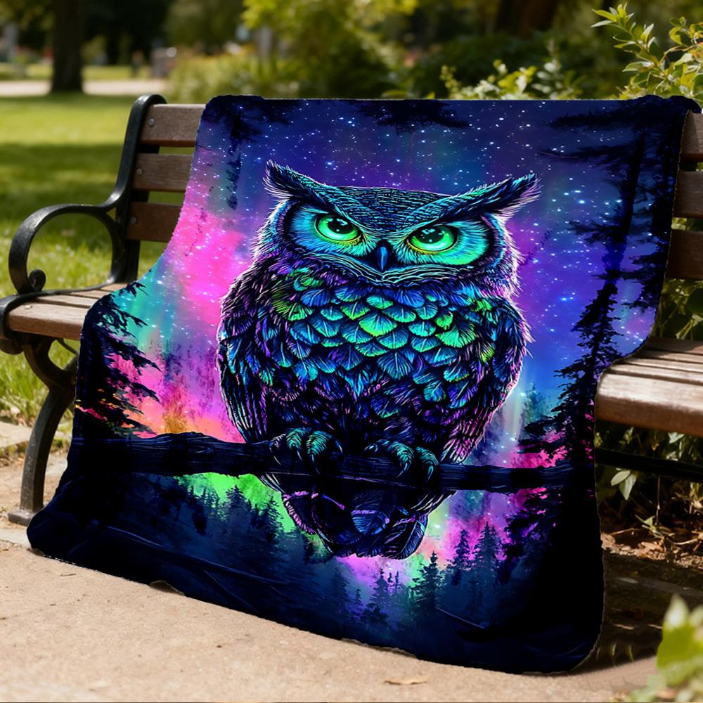 1pc Neon Owl Art Print Outdoor Blanket - Lightweight Flannel Throw For Travel, Camping, Livingroom, Couch, Chair Yy251114206