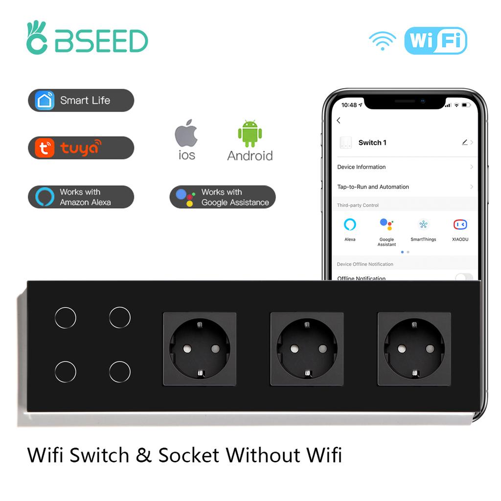 BSEED Wifi 1/2/3/4Gang Touch Light Switches Tuya Smart Life App Control Plus Triple Normal Sockets EU Standard Glass Panels