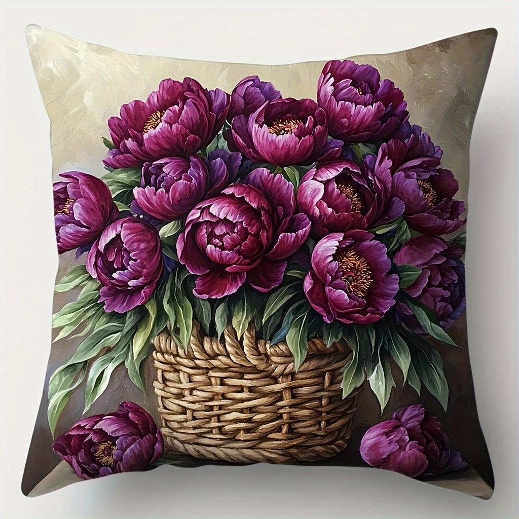 Luxurious Deep Purple Peony Pillowcase:Elegant Floral & Vase Pattern Cushion Cover For Sophisticated Sofa Living Room Home Decor