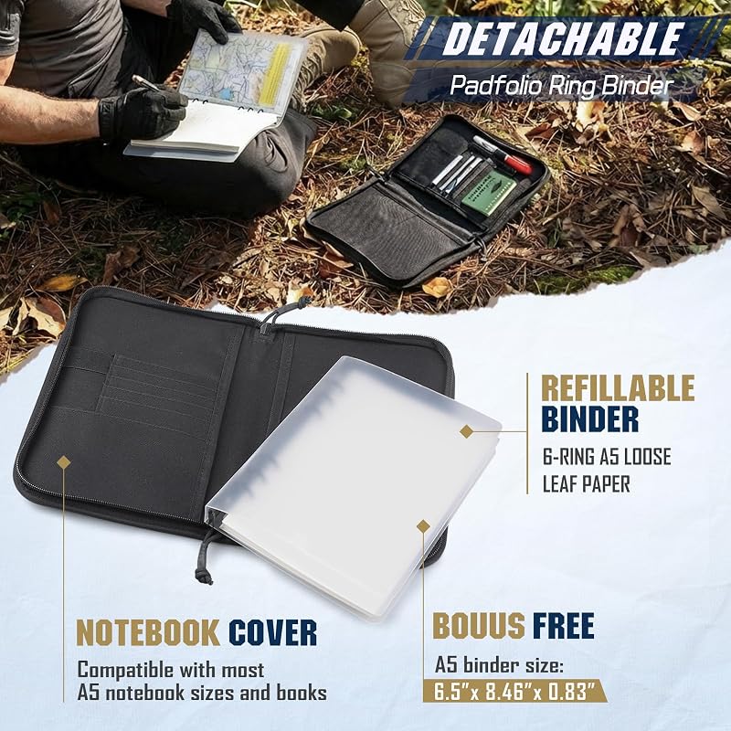 Pitozer All-in-One Tactical Notebook Padfolio Ring Binder | Removable A5 6-Ring Binder & 80 Sheets of Refill Paper | Molle Zip Notebook Cover | Gift,