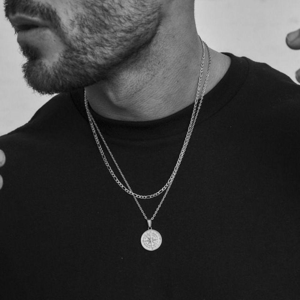 Vintage Compass Pendant Stainless Steel Cuban Style Choker Clavicle Chain Man Necklace Wheat Chain