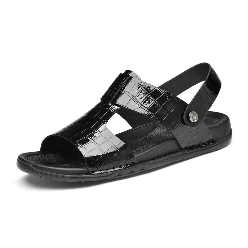 Men s Korean-Style Crocodile Pattern Cowhide Sandals - Embossed, One-Strap, Summer Beach Slippers 46