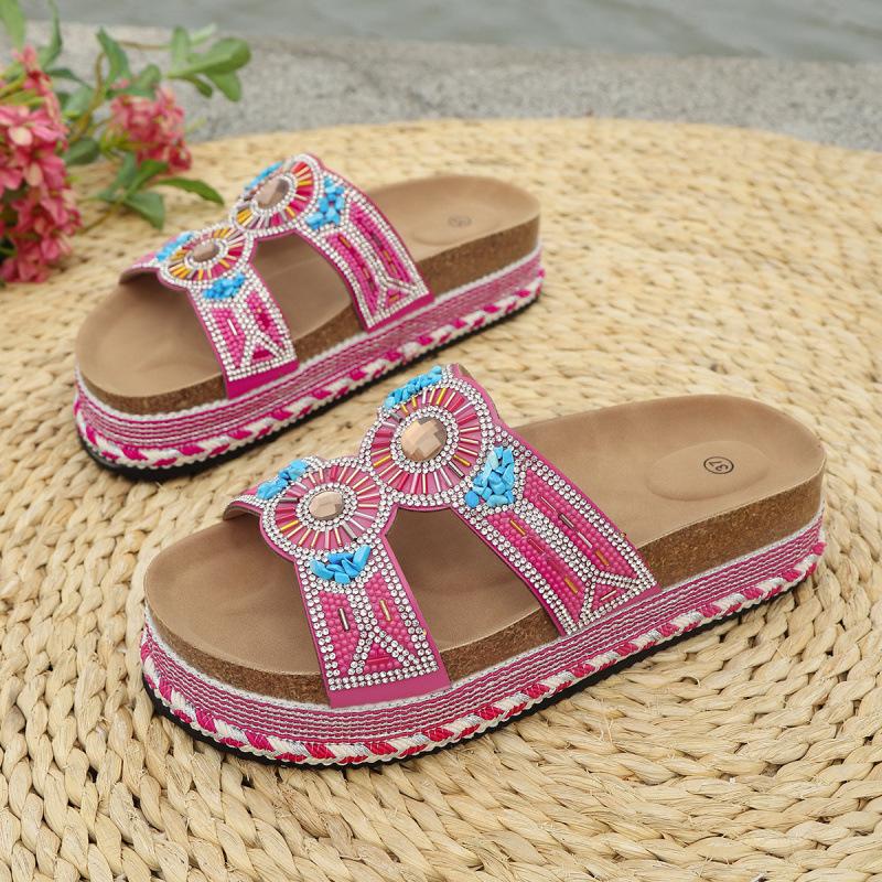 European and American Retro Ethnic Diamond Surface Thick-soled Slippers Double Buckle Large Size Beach Cork Slippers