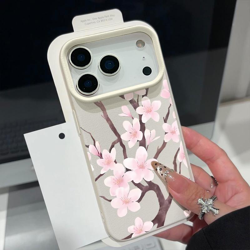 Hand-drawn Style Sakura Pattern Case For iPhone 17 Pro Max Leather Texture Soft Silicone Cover For iPhone 16 15 14 13 Pro 12 11 16E