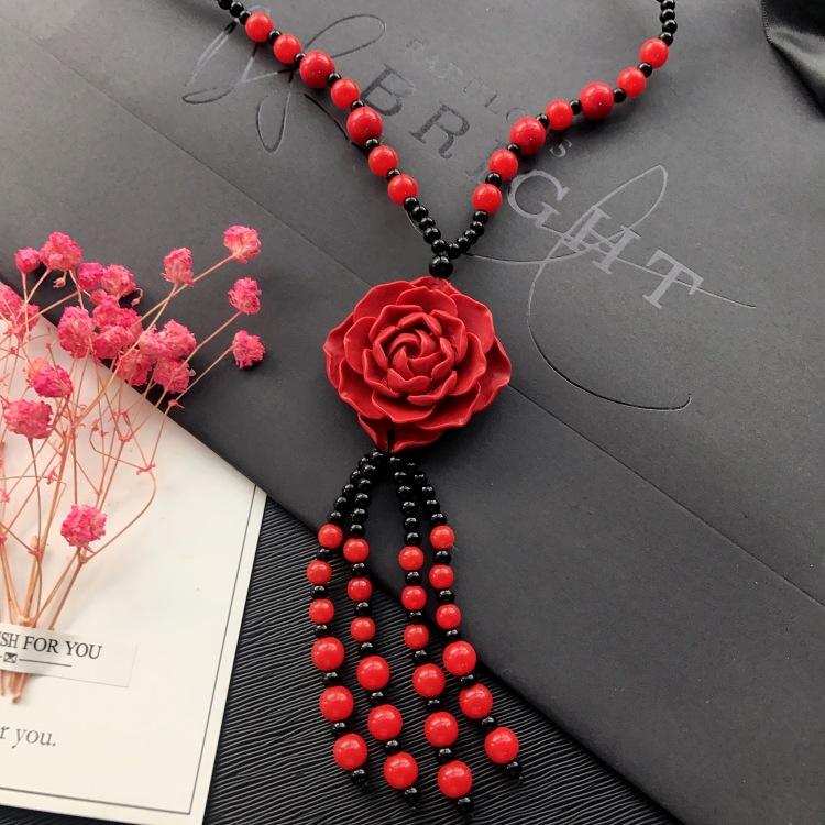 New Vintage Versatile Red Cinnabar Sweater Chain Natural Long Female Rose Necklace Pendant Accessories