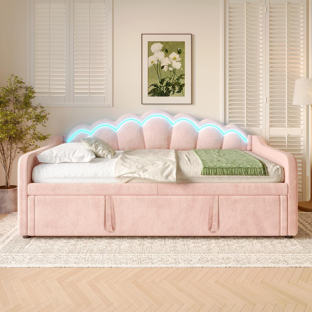 Daybed con Letto Estraibile, Divano Letto, Letto Singolo (Senza materasso), Letto Matrimoniale, Velluto, Striscia LED a Colori Variabili, 90x200cm(180x200 cm), Rosa