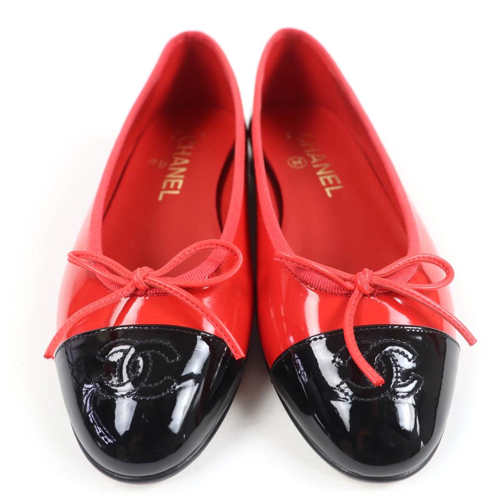 Chanel Ballet Shoes COCO Mark Two-tone Flats Red Black Patent Leather 36 G02819 Used