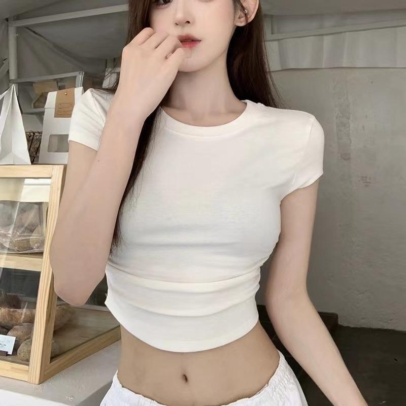 Women Slim Fit Cropped Short Sleeve Crew Neck Casual Solid T Shirt