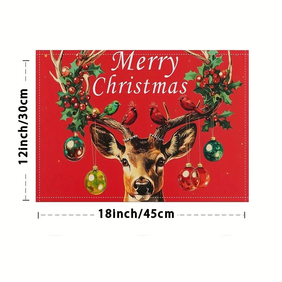 4pcs Christmas Holly Wildlife Deer Pattern Placemats Seasonal Holiday Decor Suitable for Home Kitchen Dining Indoor Outdoor