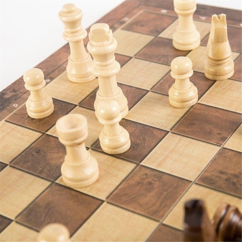 Wood Chess Set Folding Chess Board Game Portable Party Travel Chess Checkers Educational Toy Beginner Chesses Set