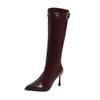 2025 Autumn New European and American Style Pointed Head Thin Heel Rivet High Boots High Heel Boots Belt Buckle Large Size Knight Boots Women