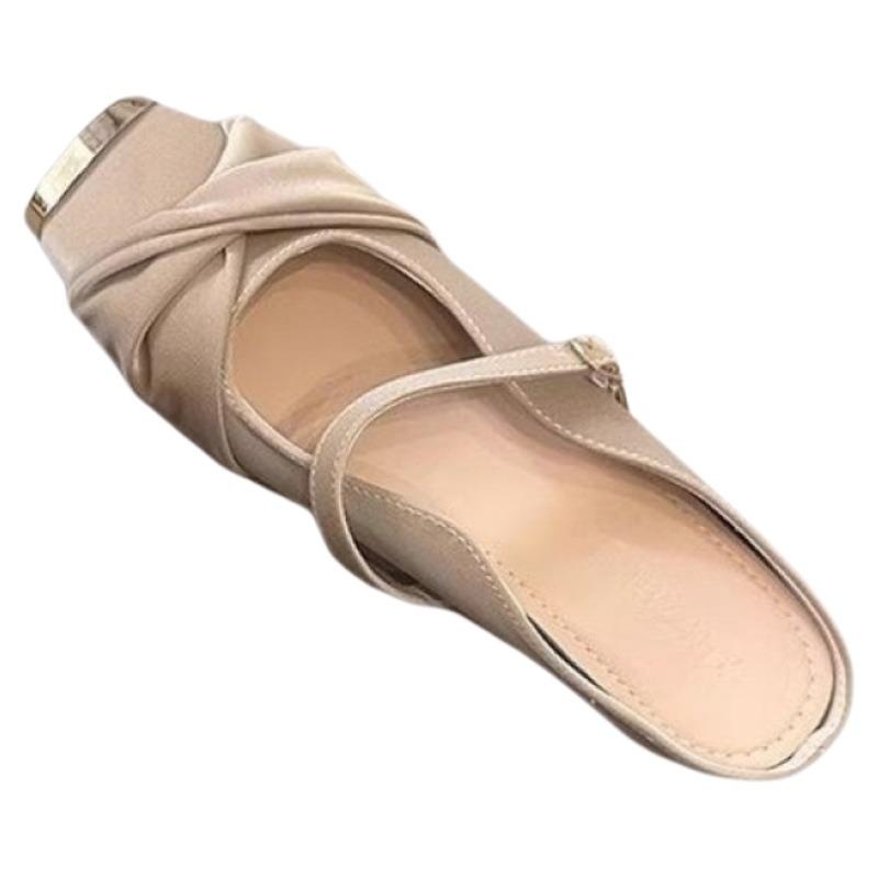 Metal Square Toe Flat Heel Half-slippers Spring and Summer Soft-soled Slippers Mary Jane Shoes Single Shoes