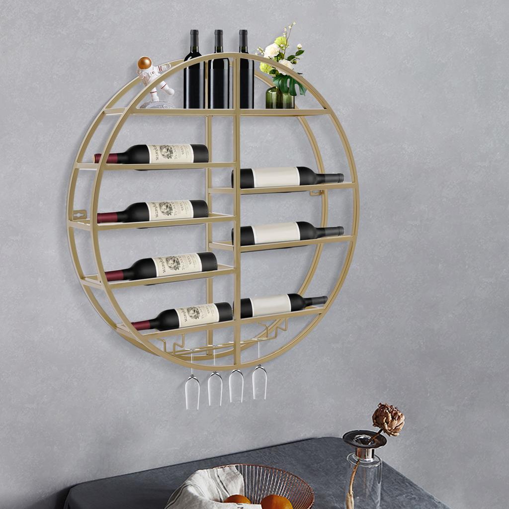 Gold Wall Mounted Wine Rack, Round Iron Wine Display Shelf for 4 Glasses, 60cm Diameter Rustic Home Bar Storage, Kitchen Decor