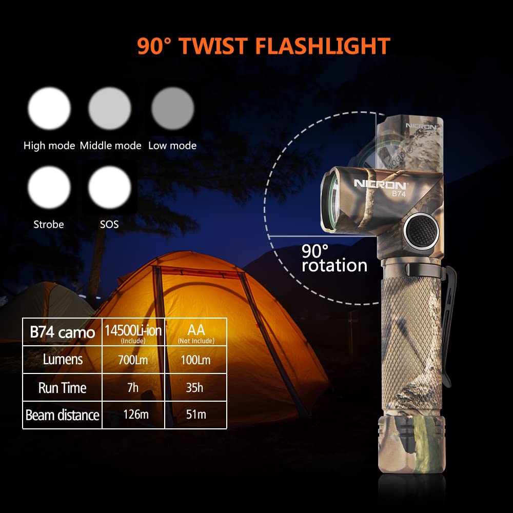 NICRON LED Handheld Swivel Chest for Outdoor B74 Camouflage Light, L-shaped, Head, Clip-on, Magnetic, Light, Small, Hands-free, Compact, Portable,