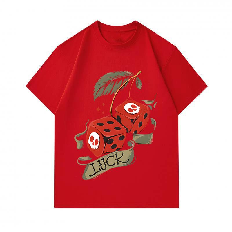 Men's 100% Cotton Crew Neck Short Sleeve T-Shirt, Creative Skull Dice Cherry Luck Print Casual Comfortable Tee for Daily Summer Wear