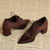 Neue Vintage Riemen Blockabsatz Leder Schuhe Spitze Tiefer Ausschnitt Mode Rutschfeste Hohe Absätze